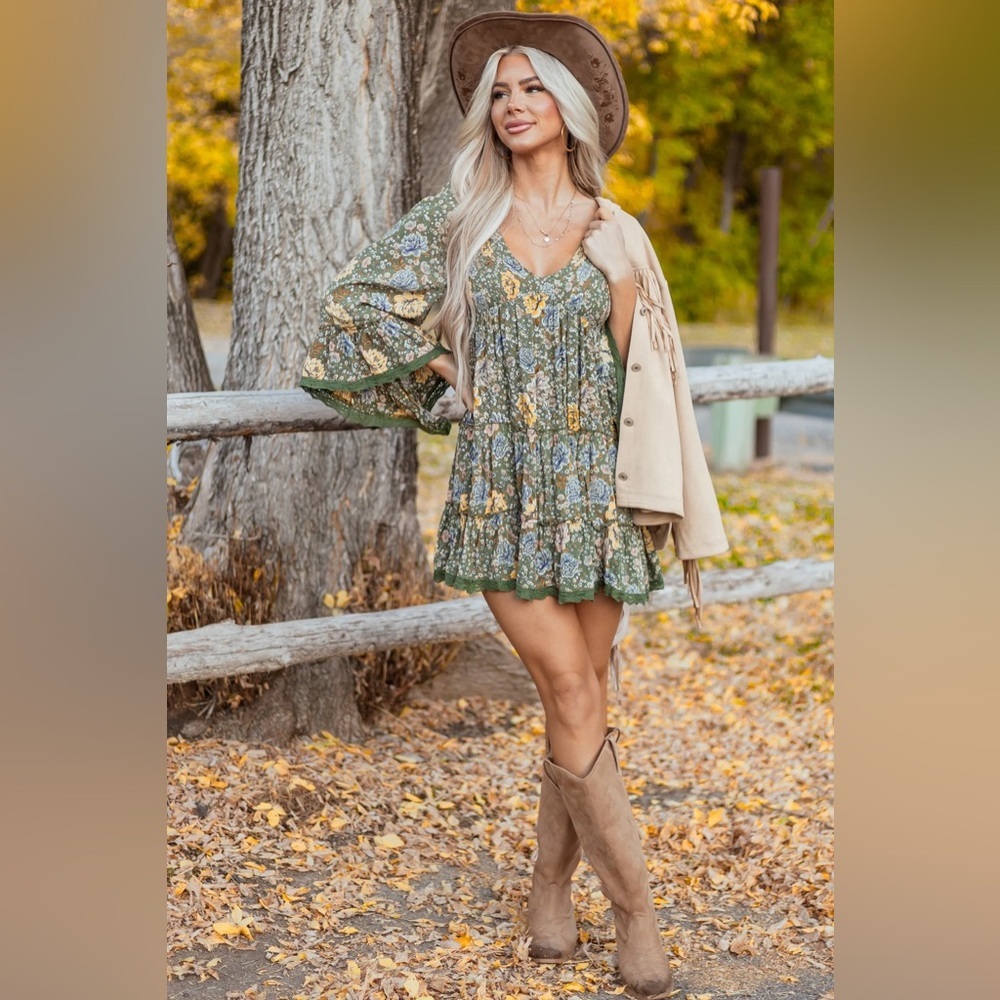 NWT Angie Clothing Boho Bell Sleeve Smocked Mini Dress - Picture 5 of 14